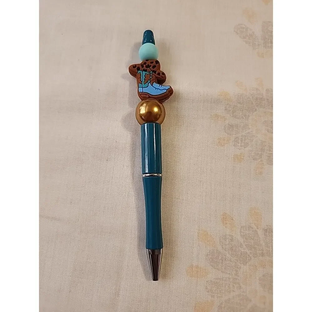 Bead Pen Blue & Brown Gold Cowgirl Boot Silicone Beads